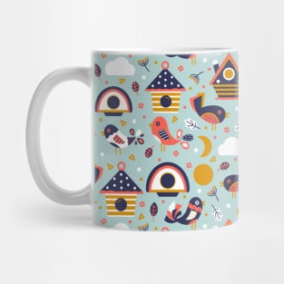 Geometric Birds and Birdhouses Pattern on Green Mug